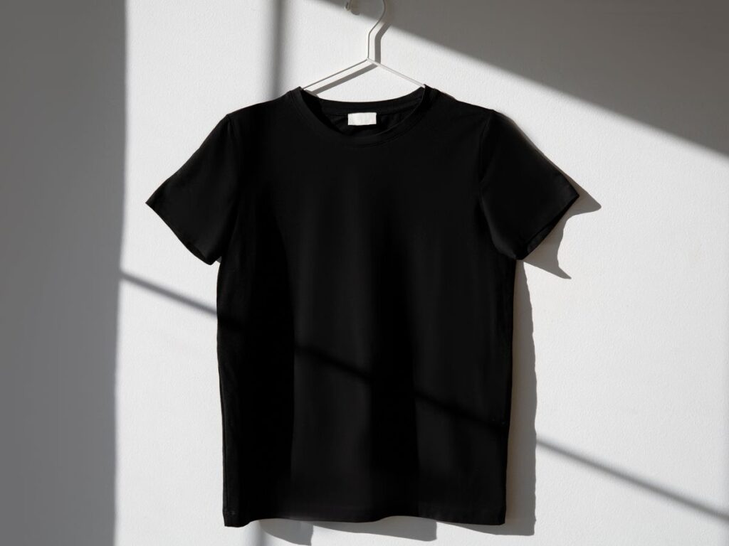 A black t-shirt on a hanger, keeping black clothes from fading