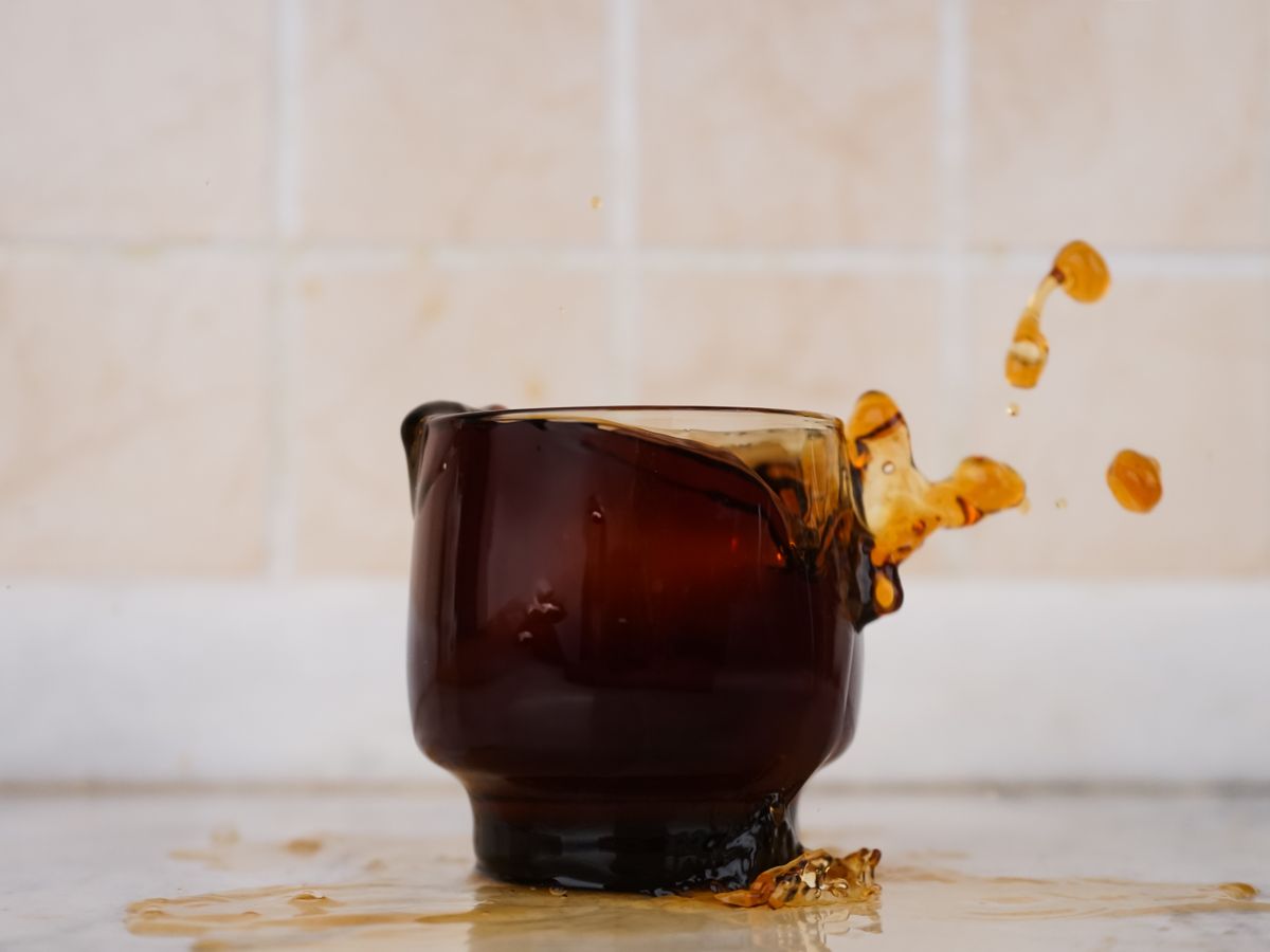 A coffee splash that can leave a stain on cotton or polyester