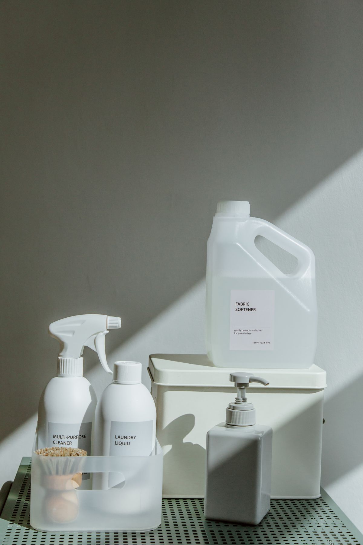 Different types of laundry detergent products in a container