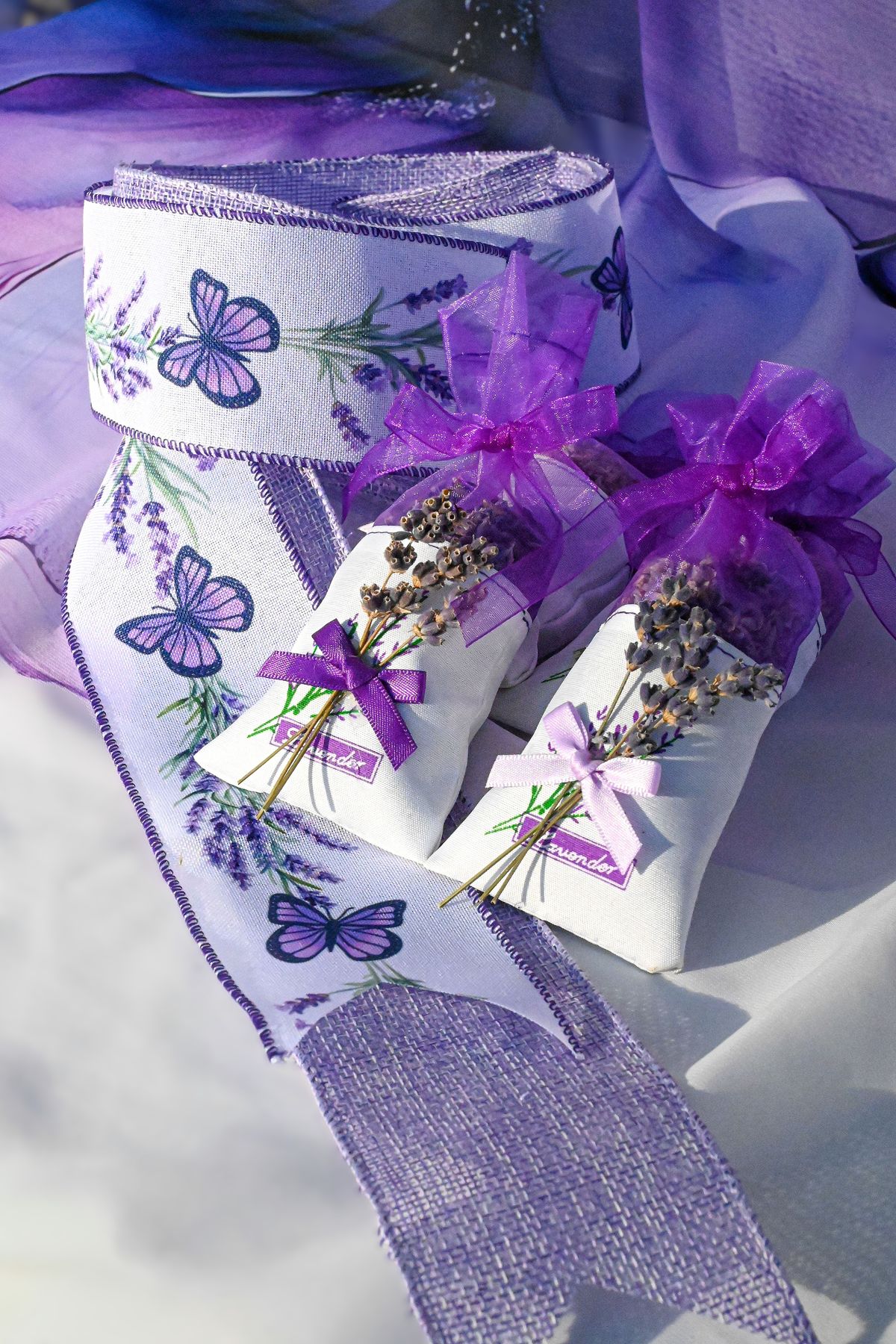 Handmade lavender sachets used to repel moths from stored sweaters naturally