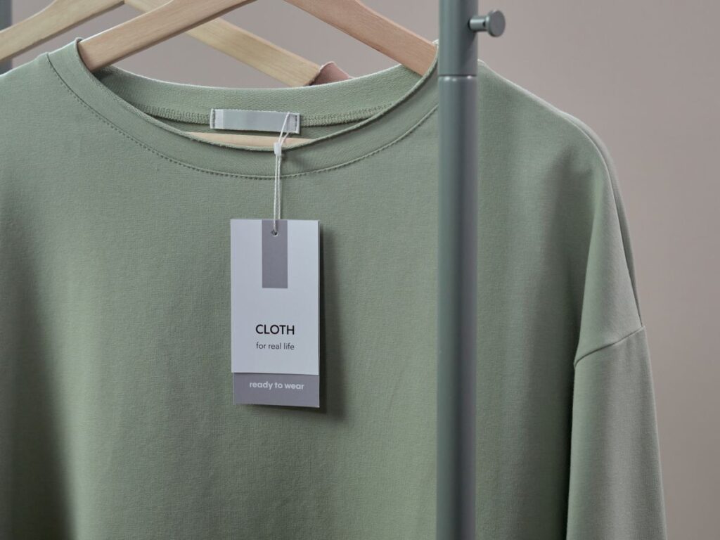Close-up of a shirt care label tag with laundry symbols